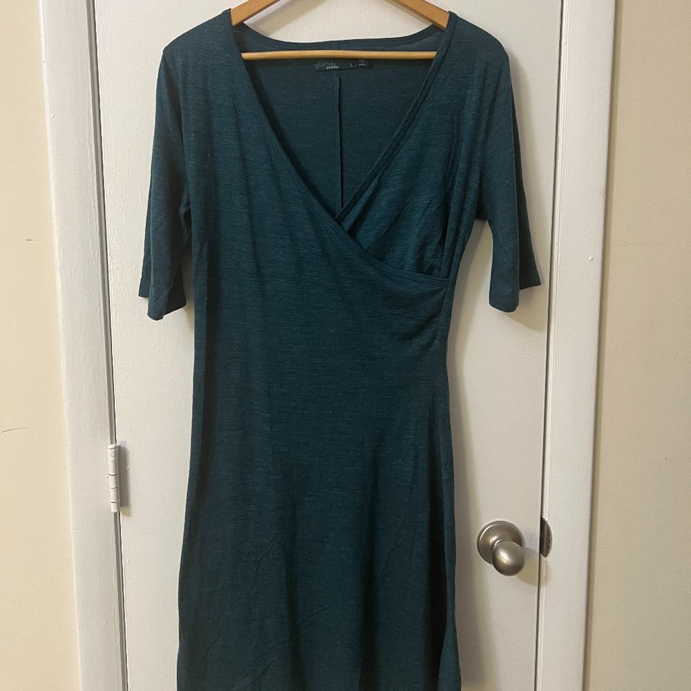 Prana faux wrap knit dress—Teal color—Size Large